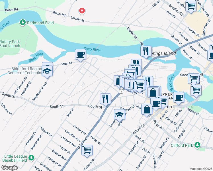 map of restaurants, bars, coffee shops, grocery stores, and more near 60 Cutts Street in Biddeford