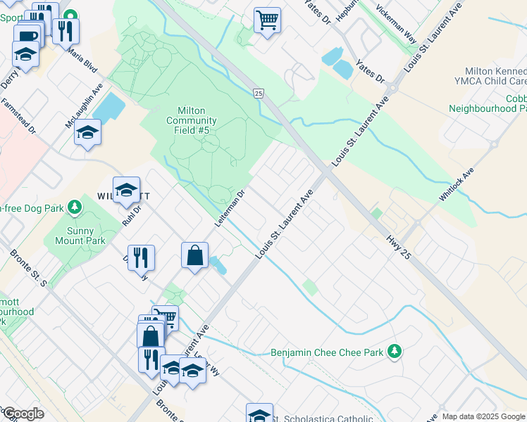 map of restaurants, bars, coffee shops, grocery stores, and more near in Milton