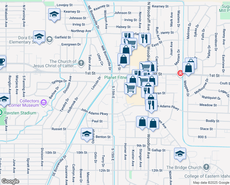 map of restaurants, bars, coffee shops, grocery stores, and more near 157 Clubhouse Circle in Idaho Falls