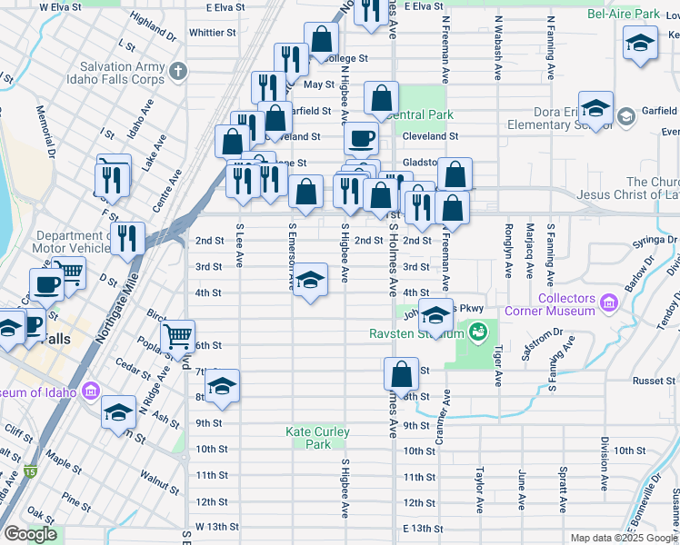 map of restaurants, bars, coffee shops, grocery stores, and more near 396 3rd Street in Idaho Falls