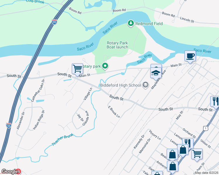 map of restaurants, bars, coffee shops, grocery stores, and more near 17 Brook Street in Biddeford