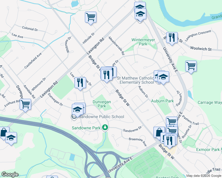 map of restaurants, bars, coffee shops, grocery stores, and more near 276 Eiwo Court in Waterloo