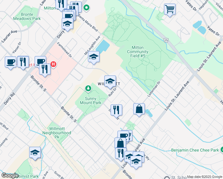 map of restaurants, bars, coffee shops, grocery stores, and more near 299 Ruhl Drive in Milton