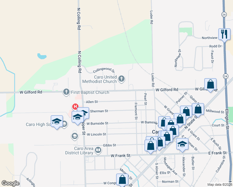 map of restaurants, bars, coffee shops, grocery stores, and more near 714 West Gilford Road in Caro