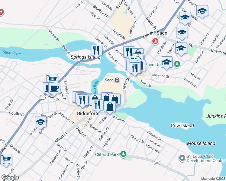 map of restaurants, bars, coffee shops, grocery stores, and more near 14 Gooch Street in Saco
