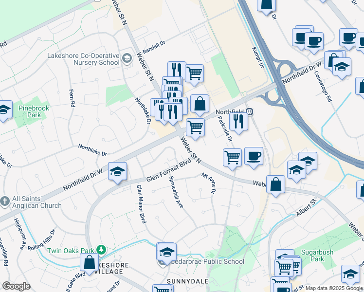 map of restaurants, bars, coffee shops, grocery stores, and more near 598 Silverbirch Road in Waterloo