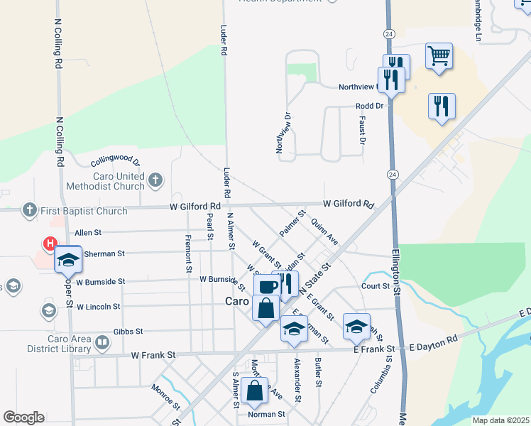 map of restaurants, bars, coffee shops, grocery stores, and more near 358 West Bush Street in Caro