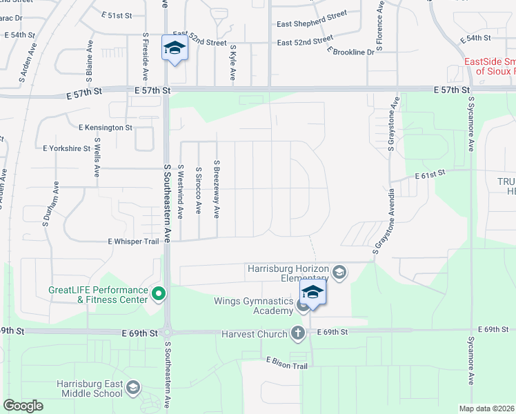map of restaurants, bars, coffee shops, grocery stores, and more near East Tree Top Street in Sioux Falls