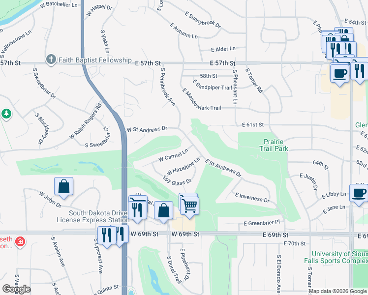 map of restaurants, bars, coffee shops, grocery stores, and more near 101 East Saint Andrews Drive in Sioux Falls