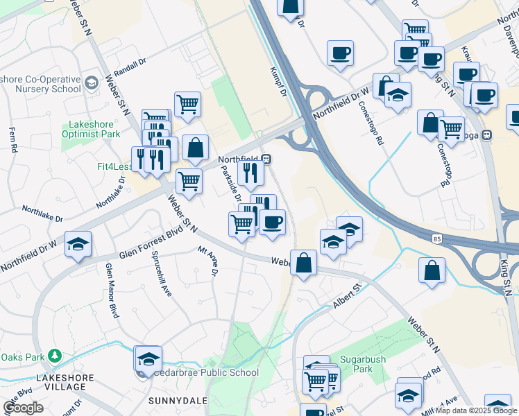 map of restaurants, bars, coffee shops, grocery stores, and more near 560 Parkside Drive in Waterloo