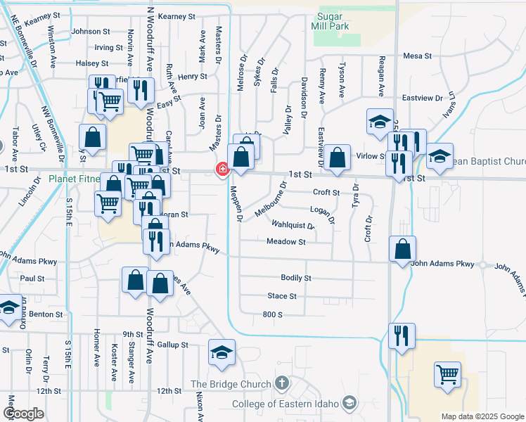 map of restaurants, bars, coffee shops, grocery stores, and more near 2100 Wahlquist Drive in Idaho Falls