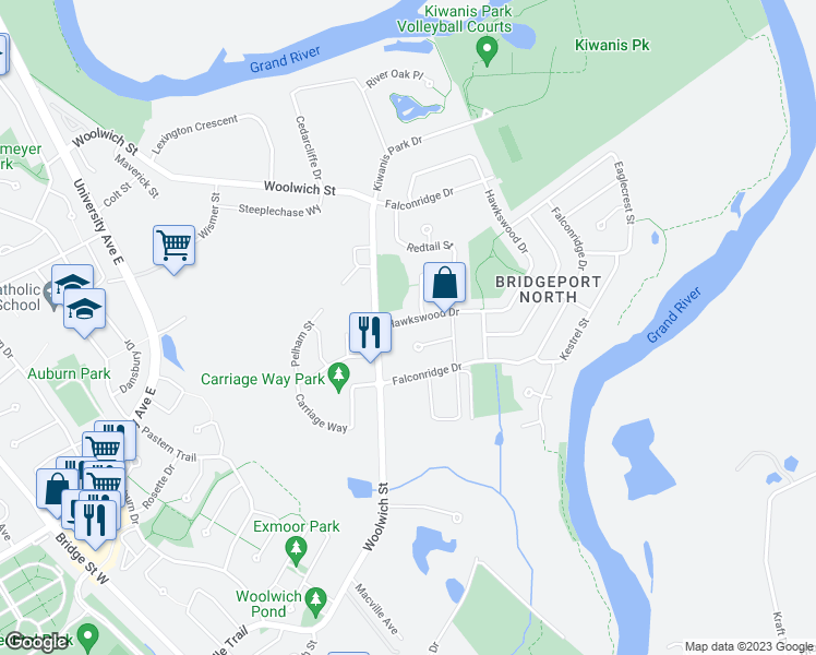 map of restaurants, bars, coffee shops, grocery stores, and more near 21 Hawkswood Drive in Kitchener