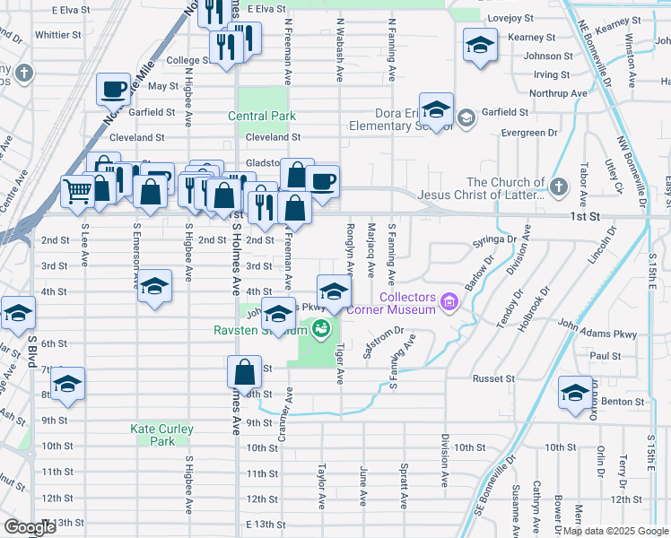 map of restaurants, bars, coffee shops, grocery stores, and more near 280 Ronglyn Avenue in Idaho Falls