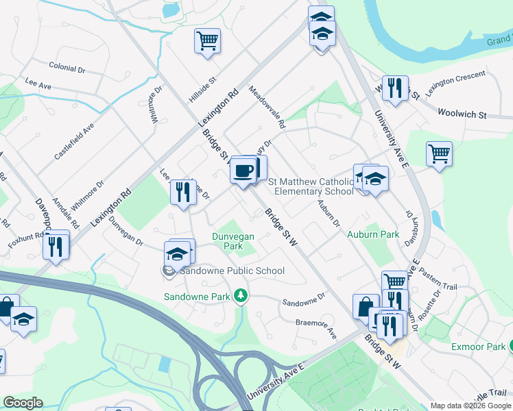 map of restaurants, bars, coffee shops, grocery stores, and more near 276 Eiwo Court in Waterloo