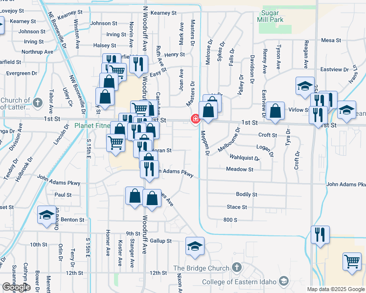 map of restaurants, bars, coffee shops, grocery stores, and more near 1914 East Alturas Circle in Idaho Falls