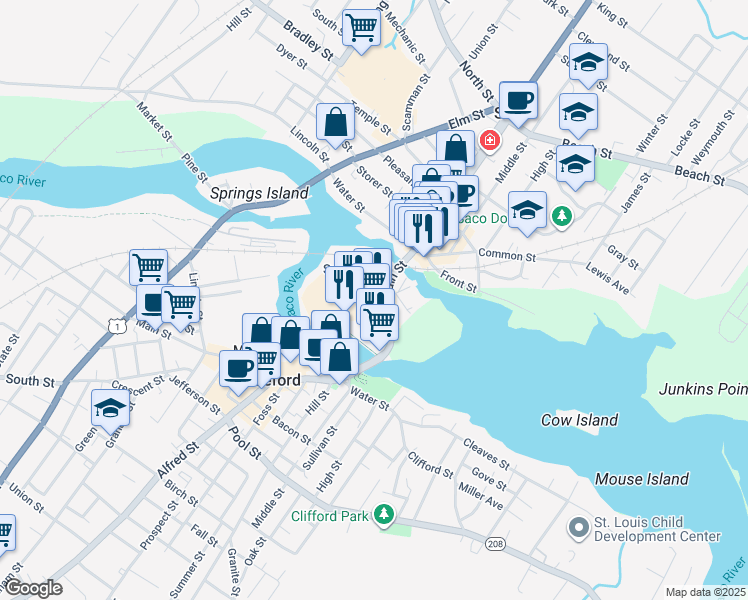 map of restaurants, bars, coffee shops, grocery stores, and more near 120 Main Street in Saco