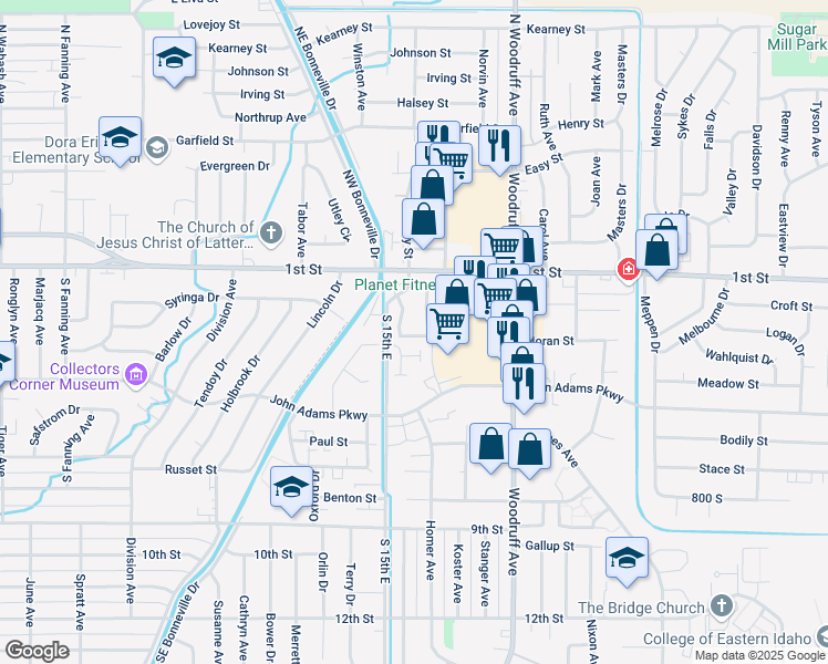 map of restaurants, bars, coffee shops, grocery stores, and more near 157 Clubhouse Circle in Idaho Falls