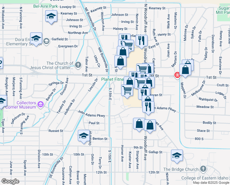 map of restaurants, bars, coffee shops, grocery stores, and more near 157 Clubhouse Circle in Idaho Falls