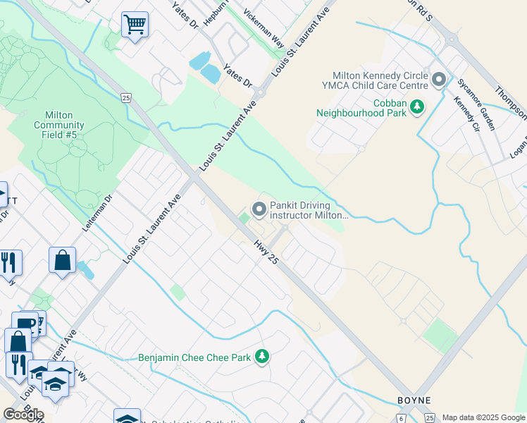 map of restaurants, bars, coffee shops, grocery stores, and more near 1230 Sweetfern Crescent in Milton