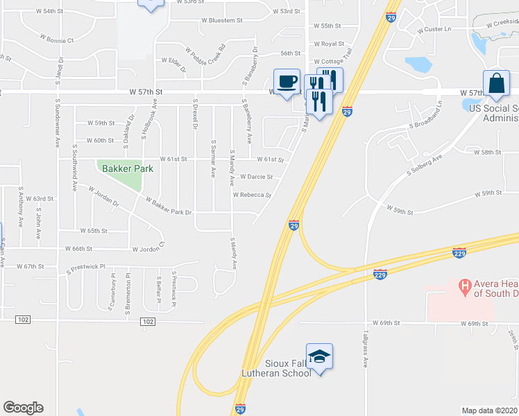 map of restaurants, bars, coffee shops, grocery stores, and more near 5501 West Rebecca Street in Sioux Falls