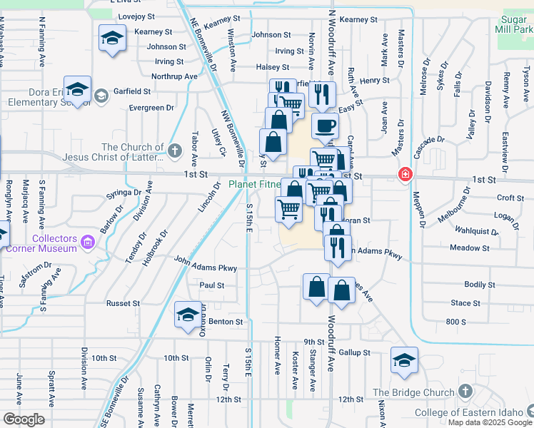 map of restaurants, bars, coffee shops, grocery stores, and more near 157 Clubhouse Circle in Idaho Falls