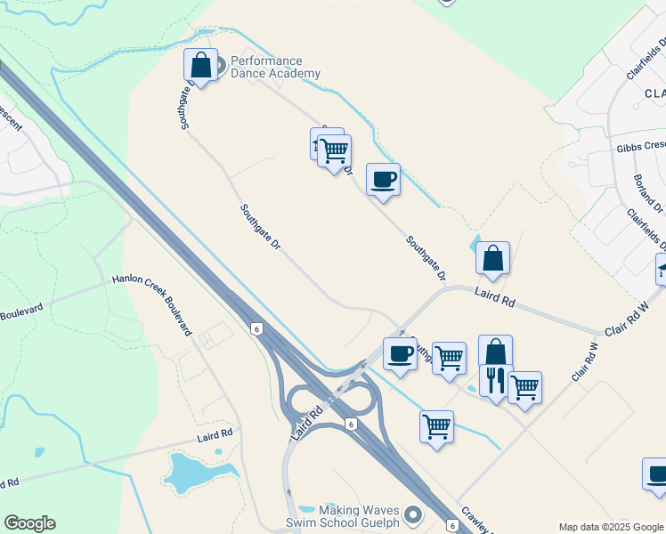 map of restaurants, bars, coffee shops, grocery stores, and more near 600 Southgate Drive in Guelph