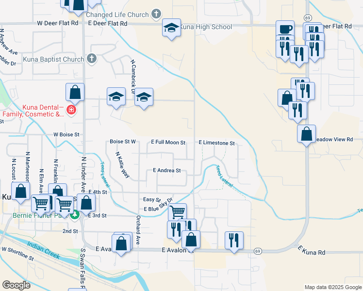 map of restaurants, bars, coffee shops, grocery stores, and more near 736 East Full Moon Street in Kuna