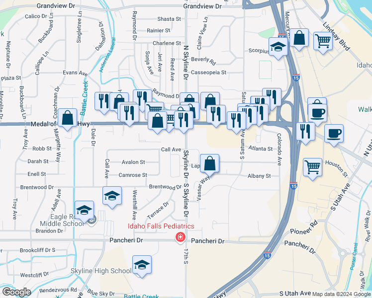 map of restaurants, bars, coffee shops, grocery stores, and more near 350 South Skyline Drive in Idaho Falls