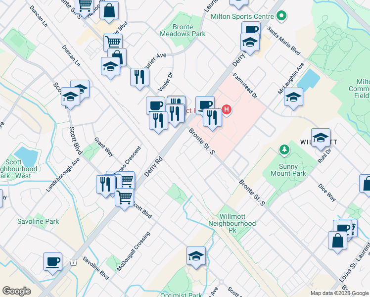 map of restaurants, bars, coffee shops, grocery stores, and more near 830 Megson Terrace in Milton