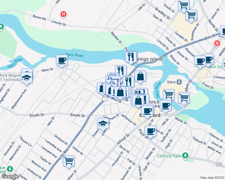 map of restaurants, bars, coffee shops, grocery stores, and more near 124 Elm Street in Biddeford