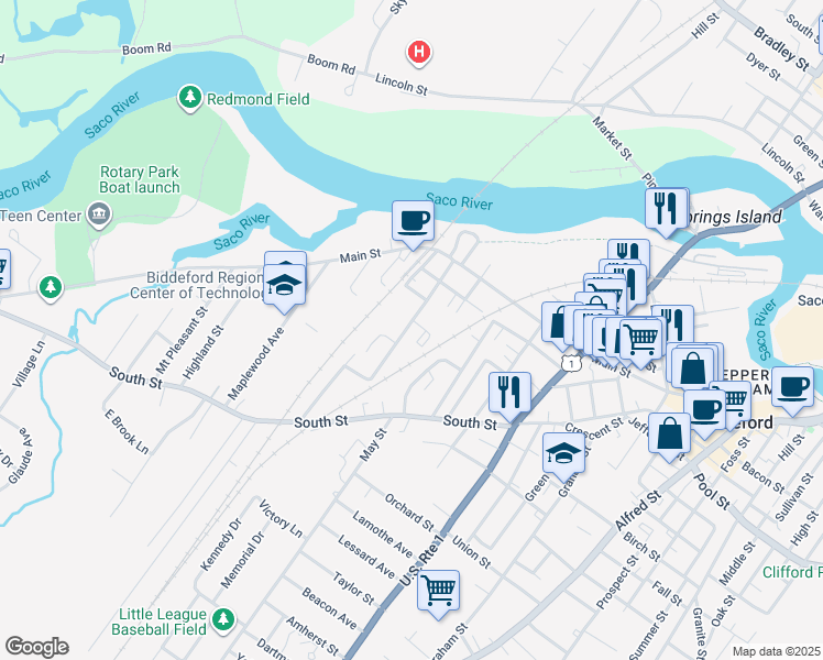 map of restaurants, bars, coffee shops, grocery stores, and more near 27 Western Avenue in Biddeford