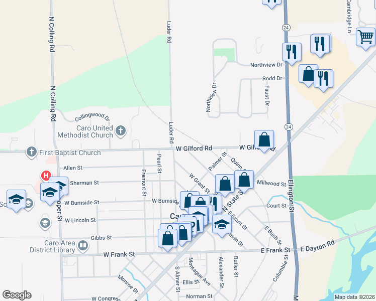 map of restaurants, bars, coffee shops, grocery stores, and more near 358 West Bush Street in Caro
