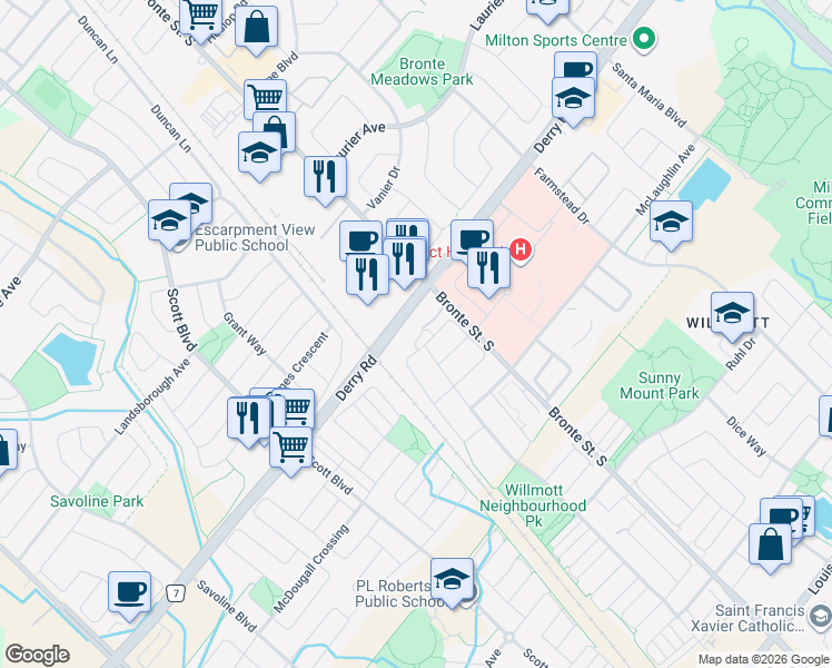 map of restaurants, bars, coffee shops, grocery stores, and more near 830 Megson Terrace in Milton