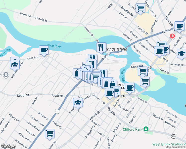 map of restaurants, bars, coffee shops, grocery stores, and more near 124 Elm Street in Biddeford