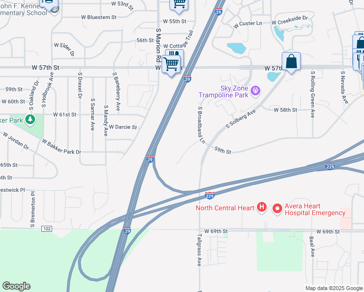 map of restaurants, bars, coffee shops, grocery stores, and more near 5701 South Corporate Place in Sioux Falls