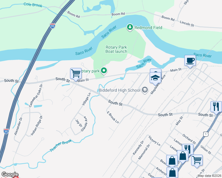 map of restaurants, bars, coffee shops, grocery stores, and more near 17 Brook Street in Biddeford