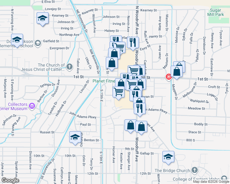 map of restaurants, bars, coffee shops, grocery stores, and more near 129 Clubhouse Circle in Idaho Falls