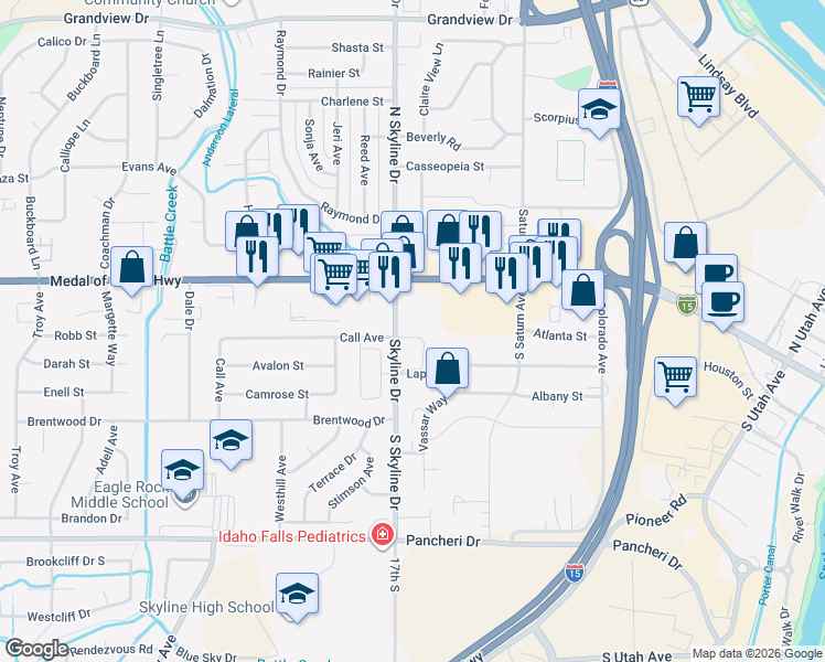 map of restaurants, bars, coffee shops, grocery stores, and more near 1551 West Broadway Street in Idaho Falls