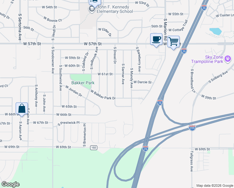 map of restaurants, bars, coffee shops, grocery stores, and more near 5601 South Drexel Drive in Sioux Falls