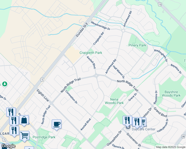 map of restaurants, bars, coffee shops, grocery stores, and more near 2425 North Ridge Trail in Oakville