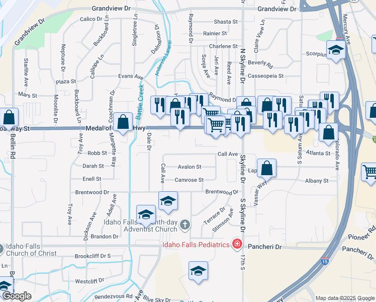 map of restaurants, bars, coffee shops, grocery stores, and more near 1834 Carmel Drive in Idaho Falls