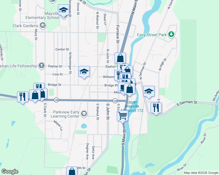 map of restaurants, bars, coffee shops, grocery stores, and more near 231 Bridge Street in Mayville
