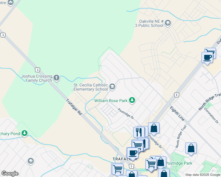 map of restaurants, bars, coffee shops, grocery stores, and more near 423 Threshing Mill Boulevard in Oakville