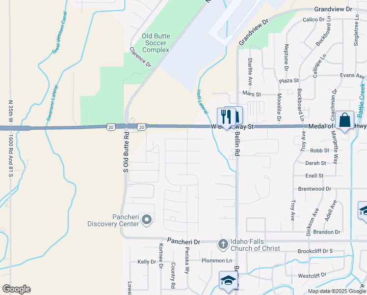 map of restaurants, bars, coffee shops, grocery stores, and more near 2832 Pam Street in Idaho Falls