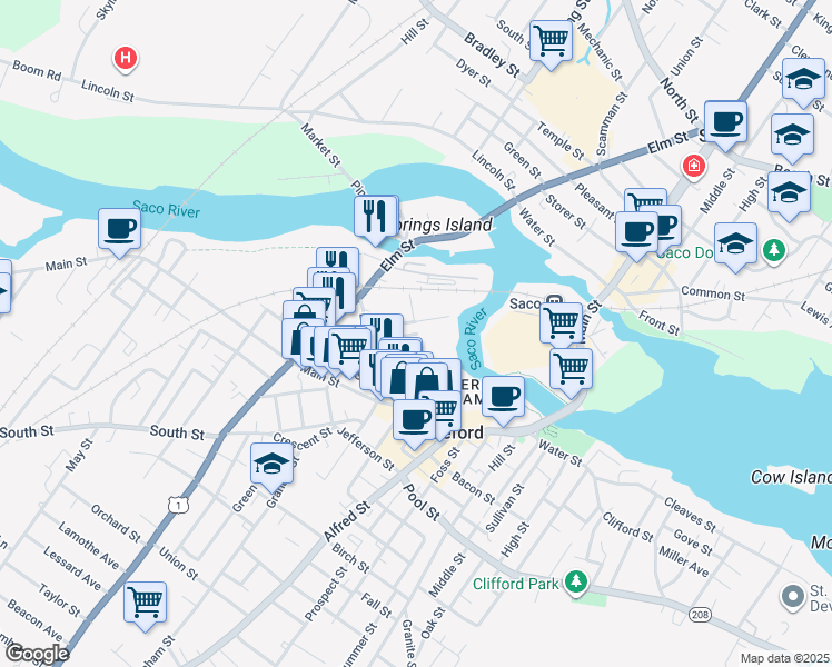 map of restaurants, bars, coffee shops, grocery stores, and more near Saco Falls Way in Biddeford
