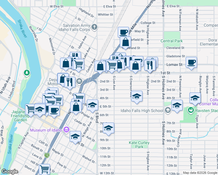 map of restaurants, bars, coffee shops, grocery stores, and more near 169 3rd Street in Idaho Falls