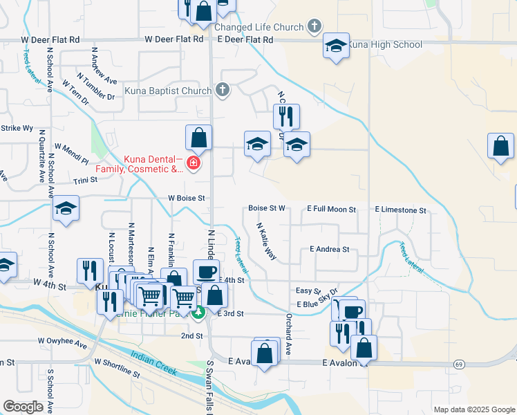 map of restaurants, bars, coffee shops, grocery stores, and more near 1150 North Shady Grove Way in Kuna