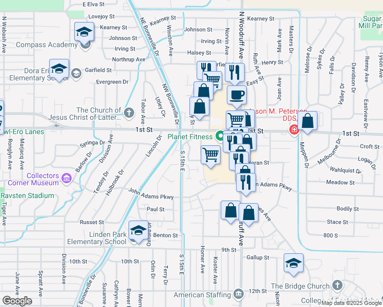 map of restaurants, bars, coffee shops, grocery stores, and more near 157 Clubhouse Circle in Idaho Falls