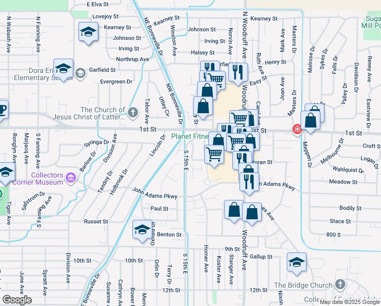 map of restaurants, bars, coffee shops, grocery stores, and more near 157 Clubhouse Circle in Idaho Falls