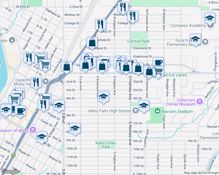 map of restaurants, bars, coffee shops, grocery stores, and more near 339 3rd Street in Idaho Falls